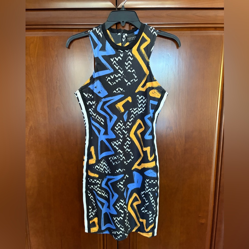 Topshop Black, Blue, Yellow Geometric Dress - Size 6